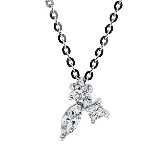 Collier 18 kt WG, mit ZÖ 40 cm + 43 cm, 1 Nav. 0,16 ct, TW-si, 1 Princ. 0,10 ct, W-si, 1 Brill. 0,01 ct, W-pi