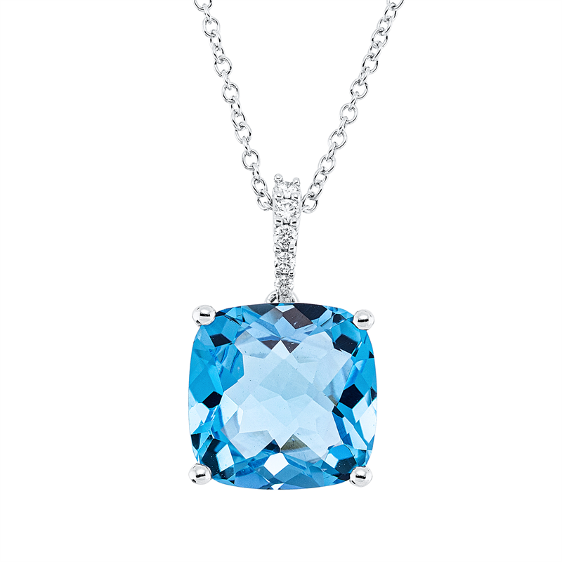 Collier 18 kt WG, mit ZÖ 42 cm, 3 Brill. 0,03 ct, TW-si, 2 Brill. 0,01 ct, TW-si, 1 Topas 5,42 ct blau