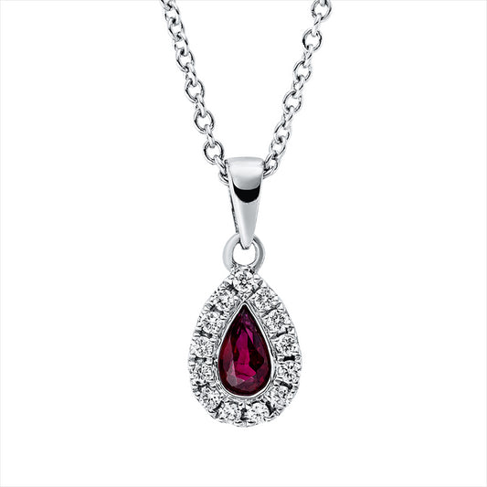 Collier 18 kt WG, mit ZÖ 42 cm, 13 Brill. 0,08 ct, TW-si, 1 Rubin 0,24 ct rot