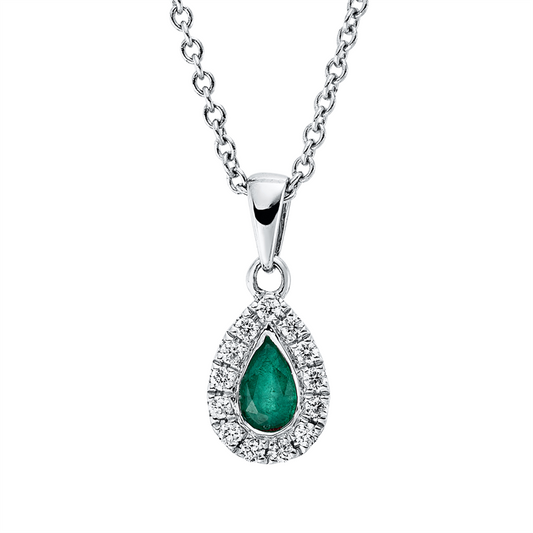 Collier 18 kt WG, mit ZÖ 42 cm, 13 Brill. 0,08 ct, TW-si, 1 Smaragd 0,19 ct grün