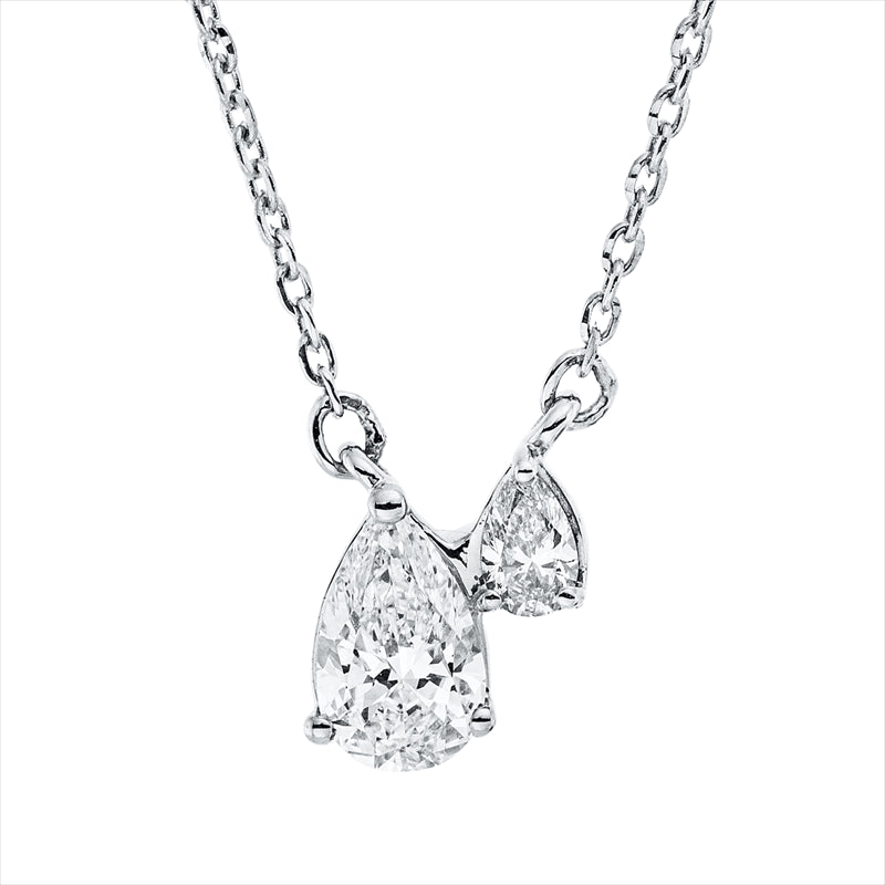 Collier 18 kt WG, mit ZÖ 40 cm + 43 cm, 2 Tropfen 0,37 ct, TW-si