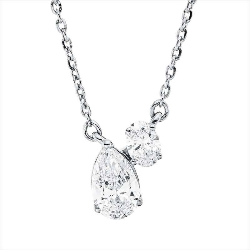 Collier 18 kt WG, mit ZÖ 40 cm + 43 cm, 1 Oval 0,09 ct, TW-si, 1 Tropfen 0,33 ct, TW-si