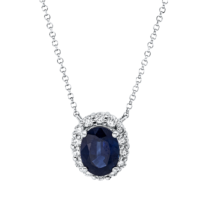 Collier 18 kt WG, mit ZÖ 38.1 cm + 40.6 cm, 14 Brill. 0,29 ct, TW-si, 1 Saphir 1,56 ct blau