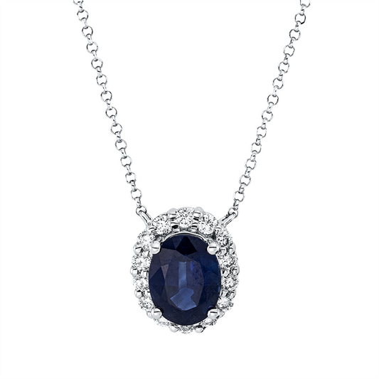 Collier 18 kt WG, mit ZÖ 38.1 cm + 40.6 cm, 14 Brill. 0,29 ct, TW-si, 1 Saphir 1,56 ct blau