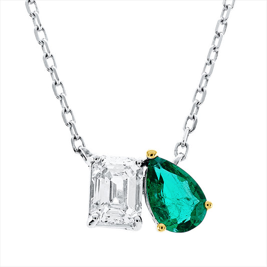 Collier 18 kt WG+GG, mit ZÖ 43 cm + 40,6 cm, 1 Sm.schliff 0,51 ct, TW-si, 1 Smaragd 0,41 ct grün