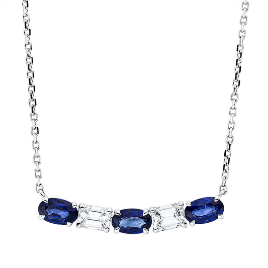 Collier 18 kt WG, mit ZÖ 40,6 cm, 2 Sm.schliff 0,50 ct, TW-si, 3 Saphire 1,08 ct blau