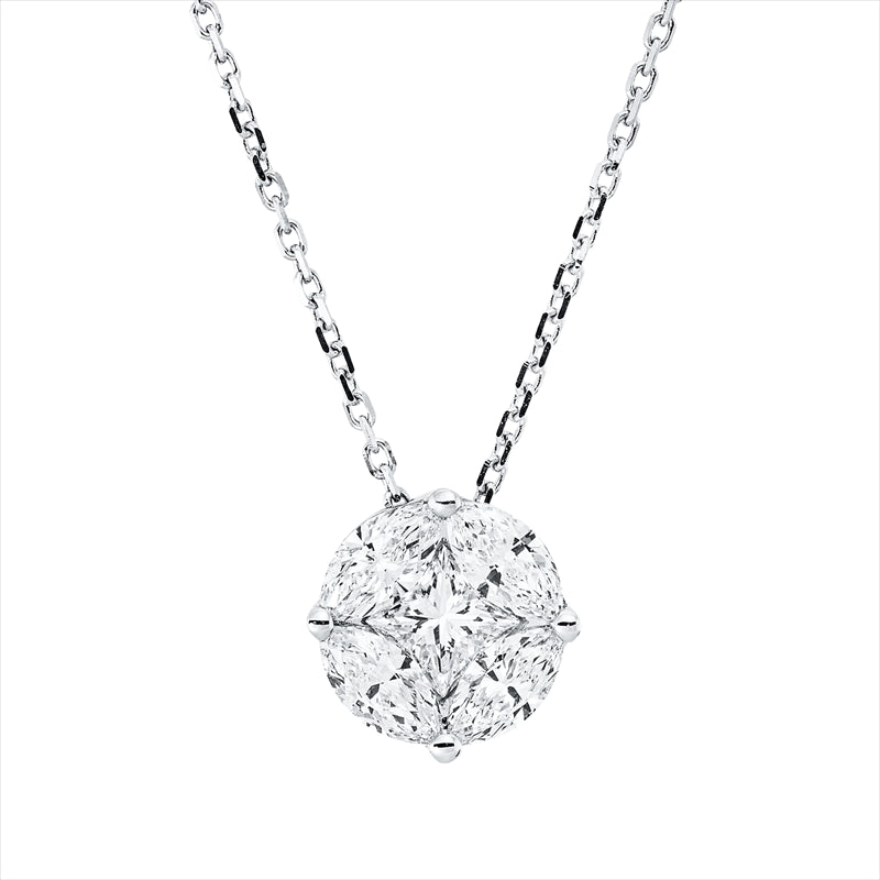 Collier 18 kt WG, mit ZÖ 40 cm, 1 Princ. 0,31 ct, TW-si, 4 Nav. 0,61 ct, TW-si
