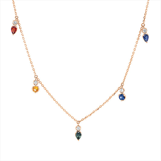 Collier 18 kt RG, mit ZÖ 40 cm, 5 Brill. 0,16 ct, TW-si, 3 Farbsteine 0,59 ct multicolor, 2 Farbsteine 0,26 ct multicolor