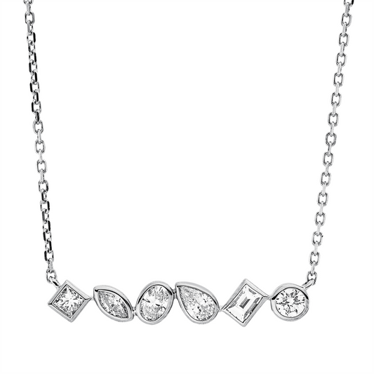 Collier 18 kt WG, mit ZÖ 40 cm, 1 Bag. 0,08 ct, 4 Fant-Schl. 0,29 ct, 1 Brill. 0,08 ct, TW-si