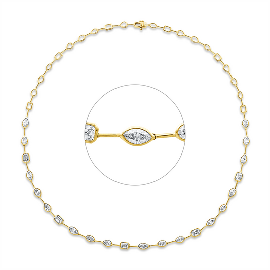 Collier 18 kt GG+WG, 6 Nav 1,58 ct, 5 Sm.schliff 1,98 ct, 5 Tropf 1,27 ct, 6 Ov 1,62 ct, TW-si