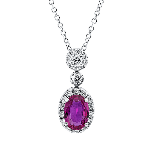 Collier 14 kt WG, mit ZÖ 43,2 cm + 45,7 cm, 24 Brill. 0,34 ct, TW-si, 1 Rubin 1,02 ct rot
