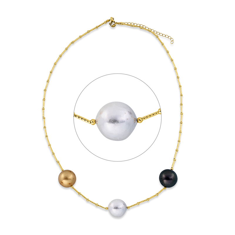 Collier 18 kt GG, mit ZÖ 40 cm, 1 SS gold 13 mm, 1 SS weiß 13 mm, 1 TA schwarz 13 mm