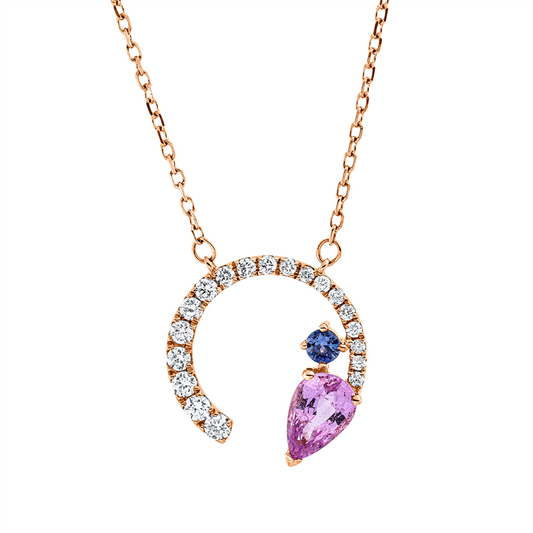 Collier 18 kt RG, mit ZÖ 40 cm, 19 Brill. 0,18 ct, TW-si, 1 Saphir 0,53 ct pink, 1 Saphir 0,06 ct blau