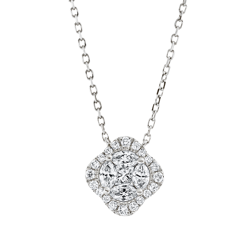 Collier 18 kt WG, mit ZÖ 40 cm, 1 Princ. 0,06 ct, TW-vsi, 4 Nav. 0,21 ct, TW-vsi, 20 Brill. 0,10 ct, TW-si