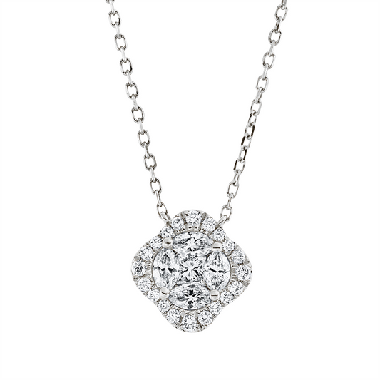 Collier 18 kt WG, mit ZÖ 40 cm, 1 Princ. 0,06 ct, TW-vsi, 4 Nav. 0,21 ct, TW-vsi, 20 Brill. 0,10 ct, TW-si