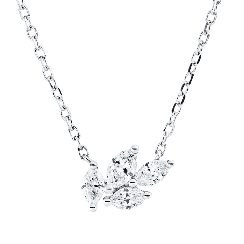 Collier 18 kt WG, mit ZÖ 40 cm, 2 Nav. 0,10 ct, TW-vsi, 1 Nav. 0,08 ct, TW-vsi, 1 Nav. 0,05 ct, TW-vsi