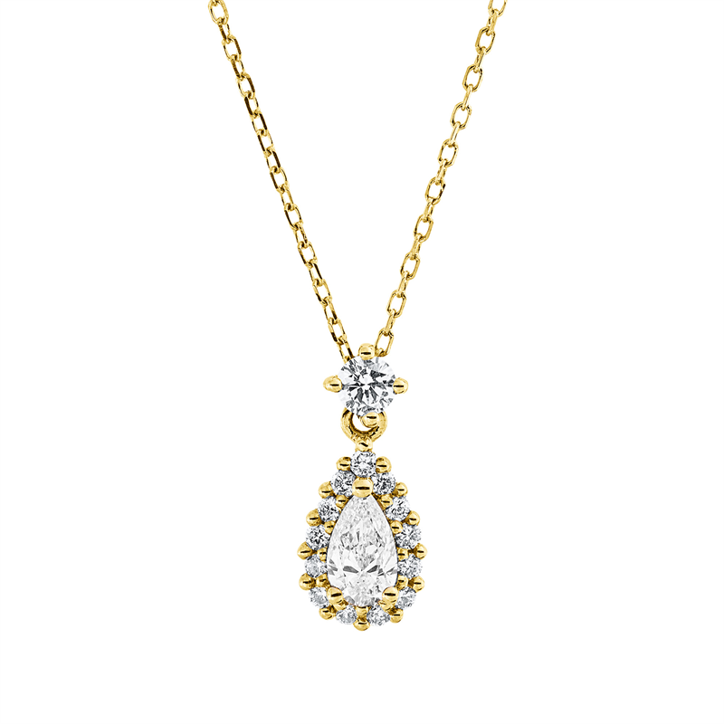 Collier 18 kt GG, mit ZÖ 40 cm, 1 Brill. 0,10 ct, TW-si, 1 Tropfen 0,22 ct, TW-vsi, 13 Brill. 0,12 ct, TW-si