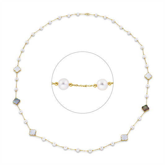 Collier 18 kt GG, 2 Perlmutt weiß, 2 Perlmutt multicolor, 2 Perlmutt schwarz, 33 ZP weiß 6 mm