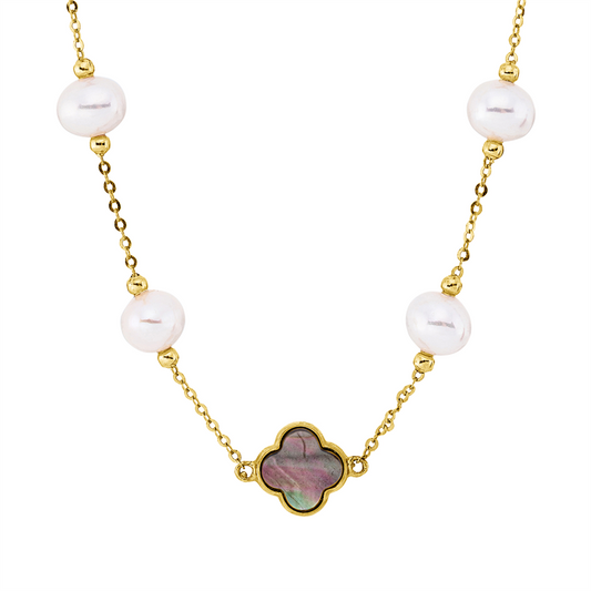 Collier 18 kt GG, mit Silikonverschluss bei 43 c, 3 Perlmutt multicolor, 8 ZP weiß 6 mm, 1 ZP weiß 4,5 mm