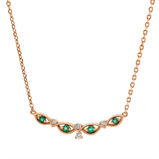 Collier 18 kt RG, mit ZÖ 42+43+44cm, 4 Brill. 0,05 ct, TW-si, 4 Smaragde 0,06 ct grün