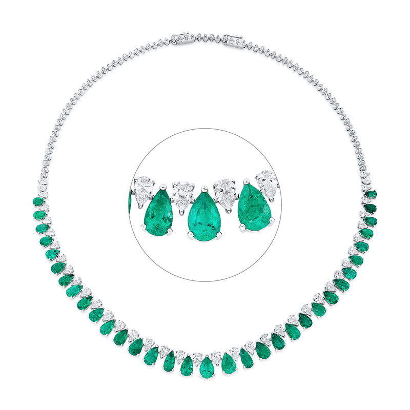 Collier 18 kt WG, 38 Tropfen 6,76 ct, TW-si, 146 Brill. 0,90 ct, TW-si, 33 Smaragde 18,71 ct grün