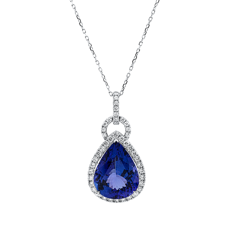 Collier 18 kt WG, mit ZÖ 40,6 cm, 43 Brill. 0,66 ct, TW-vsi, 1 Tansanit 8,41 ct blau