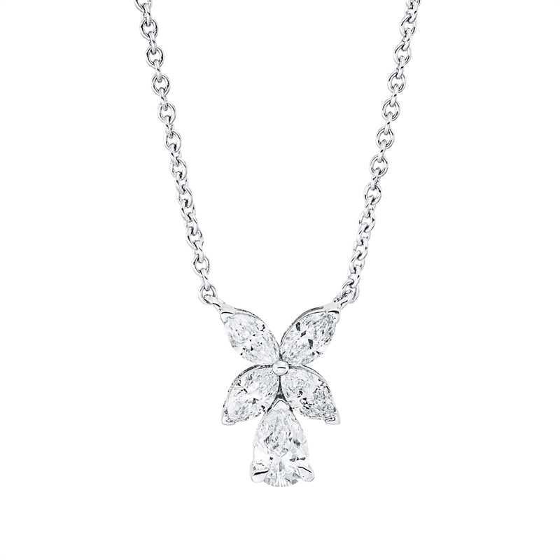 Collier 18 kt WG, 1 Tropfen 0,22 ct, TW-si, 4 Nav. 0,40 ct, TW-si