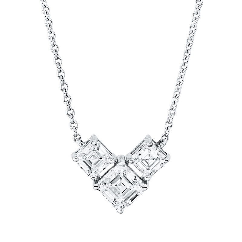 Collier 18 kt WG, 1 Assher 0,76 ct, TW-si, 2 Assher 0,66 ct, TW-si