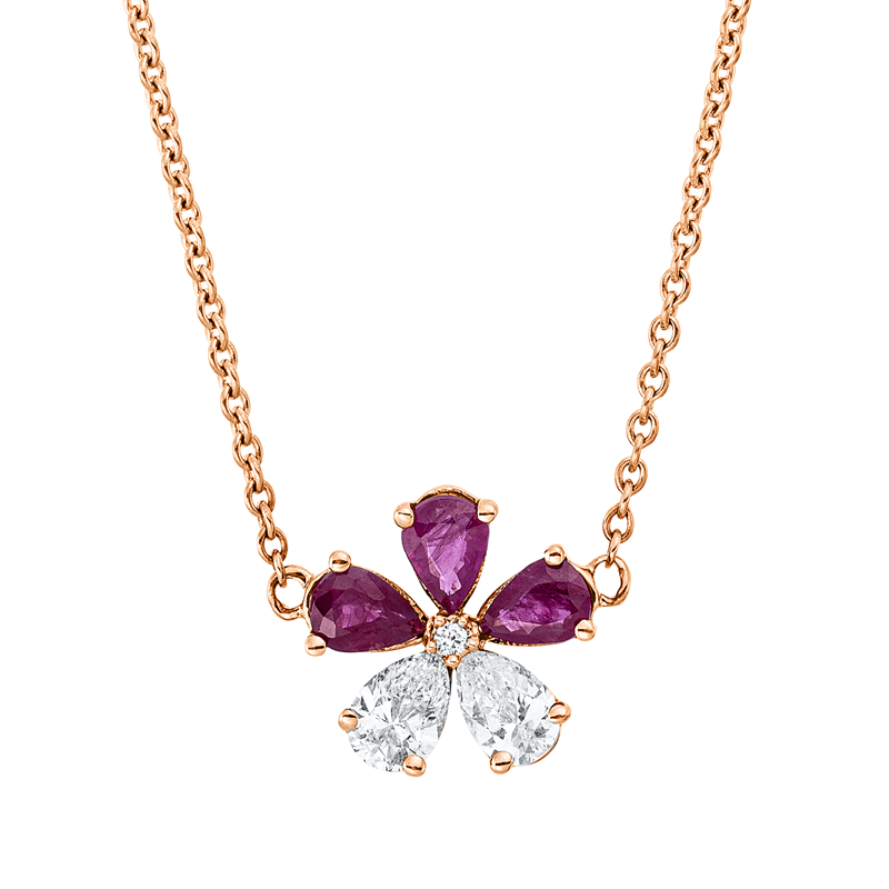 Collier 18 kt RG, 2 Tropfen 0,44 ct, TW-si, 1 Brill. 0,01 ct, TW-si, 3 Rubine 0,59 ct rot