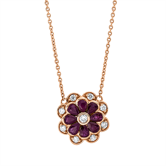 Collier 18 kt RG, 1 Brill. 0,05 ct, TW-si, 8 Brill. 0,24 ct, TW-si, 8 Rubine 1,09 ct rot