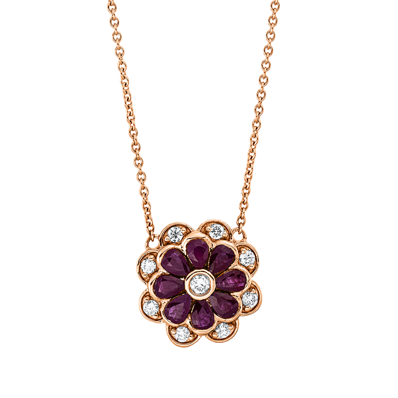 Collier 18 kt RG, 1 Brill. 0,05 ct, TW-si, 8 Brill. 0,24 ct, TW-si, 8 Rubine 1,09 ct rot