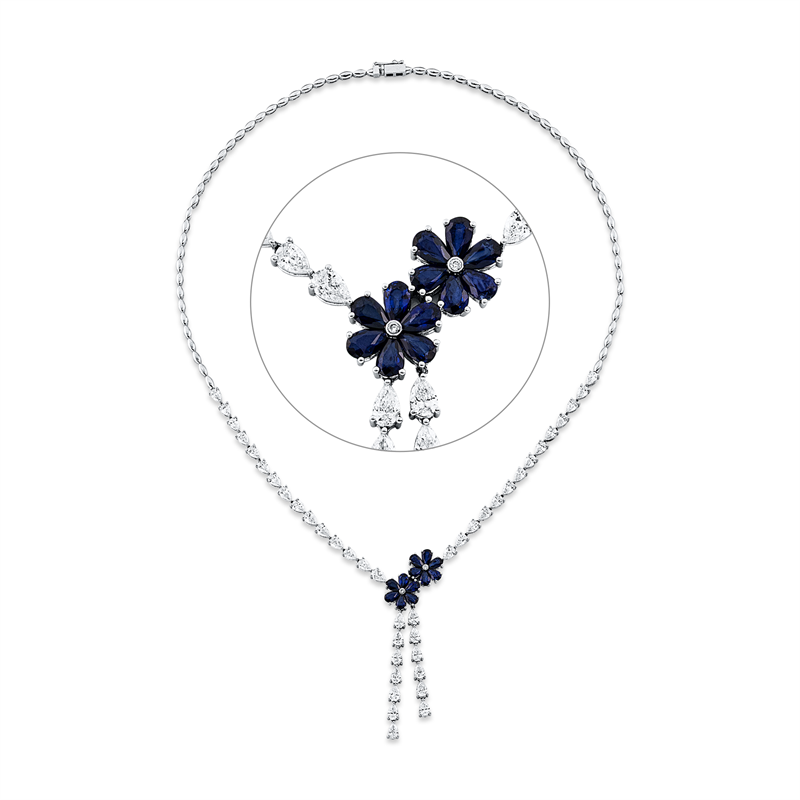 Collier 18 kt WG, 42 Tropfen 6,45 ct, F-si, 2 Brill. 0,02 ct, F-si, 12 Saphire 2,61 ct blau