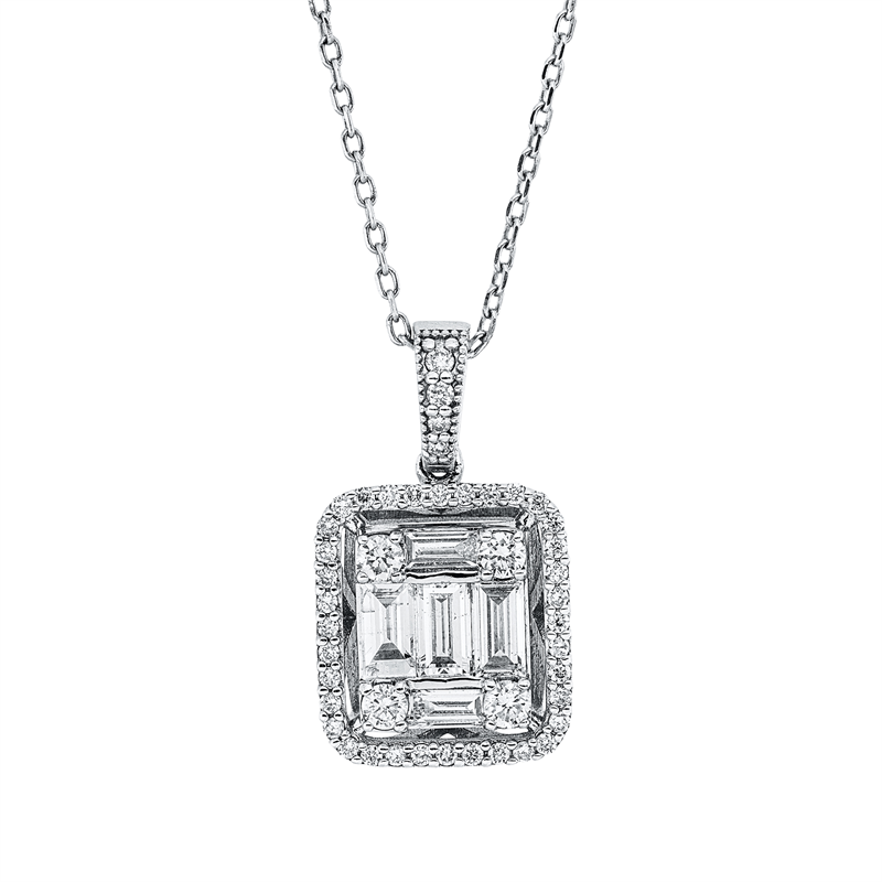 Collier 14 kt WG, 4 Brill. 0,15 ct, F-si, 2 Bag. 0,11 ct, F-vsi, 3 Bag. 0,47 ct, F-vsi, 40 Brill. 0,19 ct, F-si