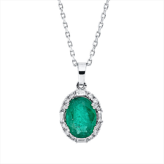 Collier 18 kt WG, mit Öse, 4 Bag. 0,05 ct, F-vsi, 12 Brill. 0,09 ct, F-si, 1 Smaragd 0,97 ct grün