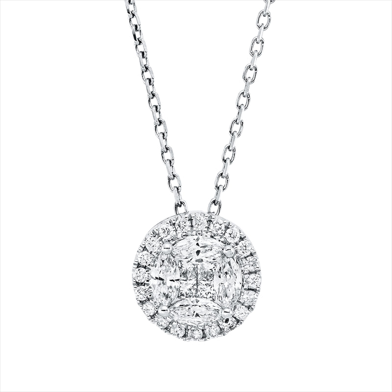 Collier 18 kt WG, 4 Princ. 0,05 ct, F-si, 4 Nav. 0,16 ct, F-si, 20 Brill. 0,05 ct, F-si