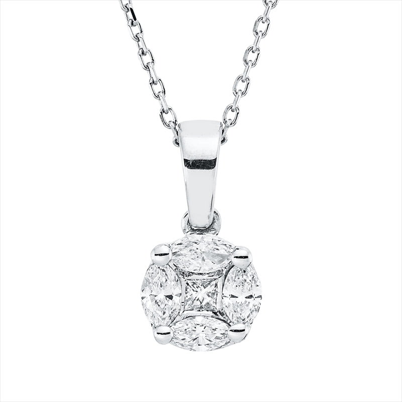 Collier 18 kt WG, 4 Nav. 0,26 ct, TW-si, 1 Princ. 0,05 ct, TW-si