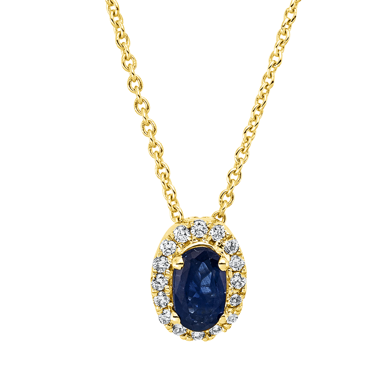 Collier 18 kt GG, mit ZÖ 42 cm, 16 Brill. 0,06 ct, TW-si, 1 Saphir 0,31 ct blau
