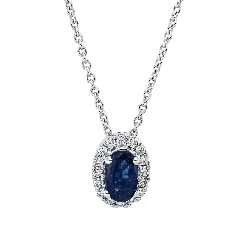 Collier 18 kt WG, mit ZÖ 42 cm, 16 Brill. 0,06 ct, TW-si, 1 Saphir 0,34 ct blau