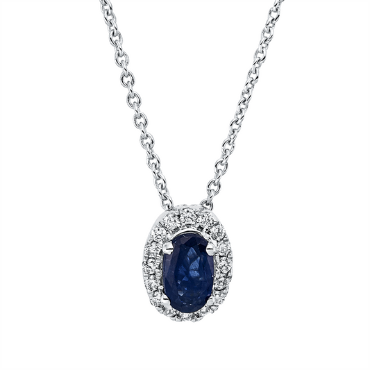 Collier 18 kt WG, mit ZÖ 42 cm, 16 Brill. 0,06 ct, TW-si, 1 Saphir 0,34 ct blau