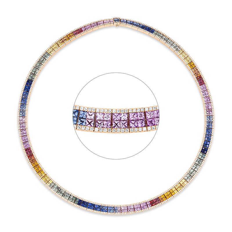 Collier 18 kt RG, 724 Brill. 3,96 ct, TW-si, 362 Saphire 31,56 ct fancy