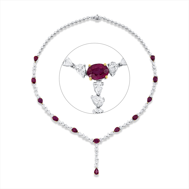 Collier 18 kt WG, Fassung vergoldet, 46 Tropfen 5,57 ct, TW-si, 12 Rubine 12,39 ct rot