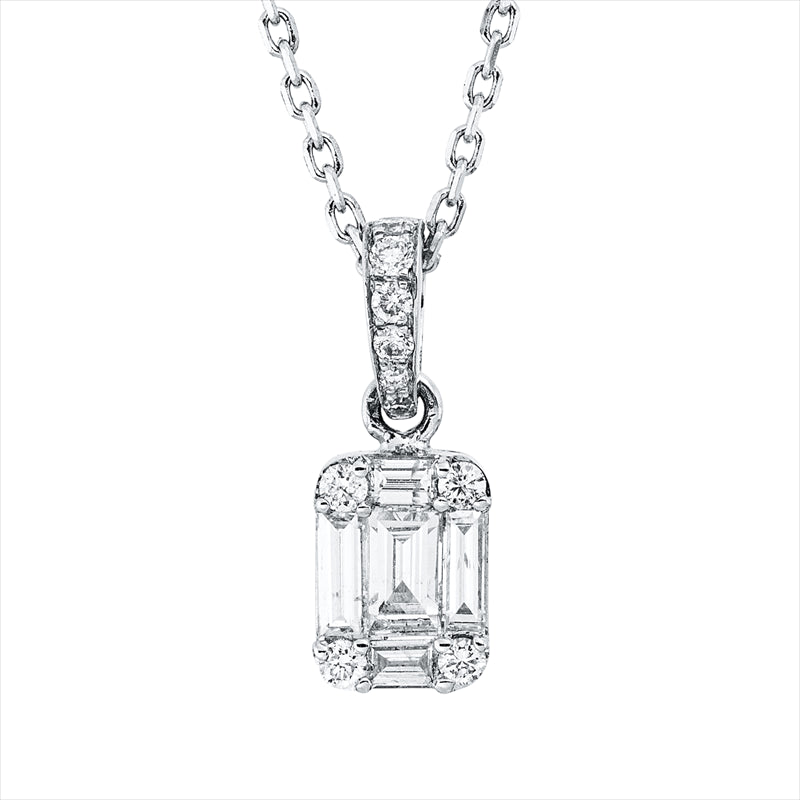 Collier 18 kt WG, mit ZÖ 40 cm + 43 cm, 8 Brill. 0,08 ct, TW-si, 5 Bag. 0,25 ct, TW-si, 2 Brill. 0,01 ct, TW-si