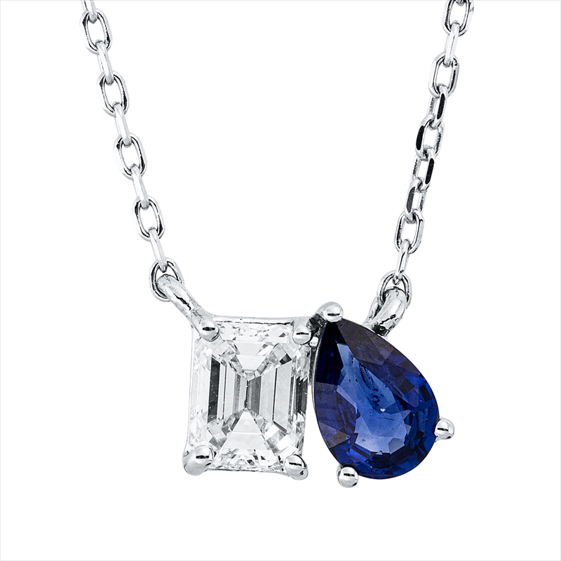 Collier 18 kt WG, mit ZÖ 40 cm + 43 cm, 1 Sm.schliff 0,52 ct, TW-si, 1 Saphir 0,42 ct blau