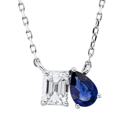 Collier 18 kt WG, mit ZÖ 40 cm + 43 cm, 1 Sm.schliff 0,52 ct, TW-si, 1 Saphir 0,42 ct blau