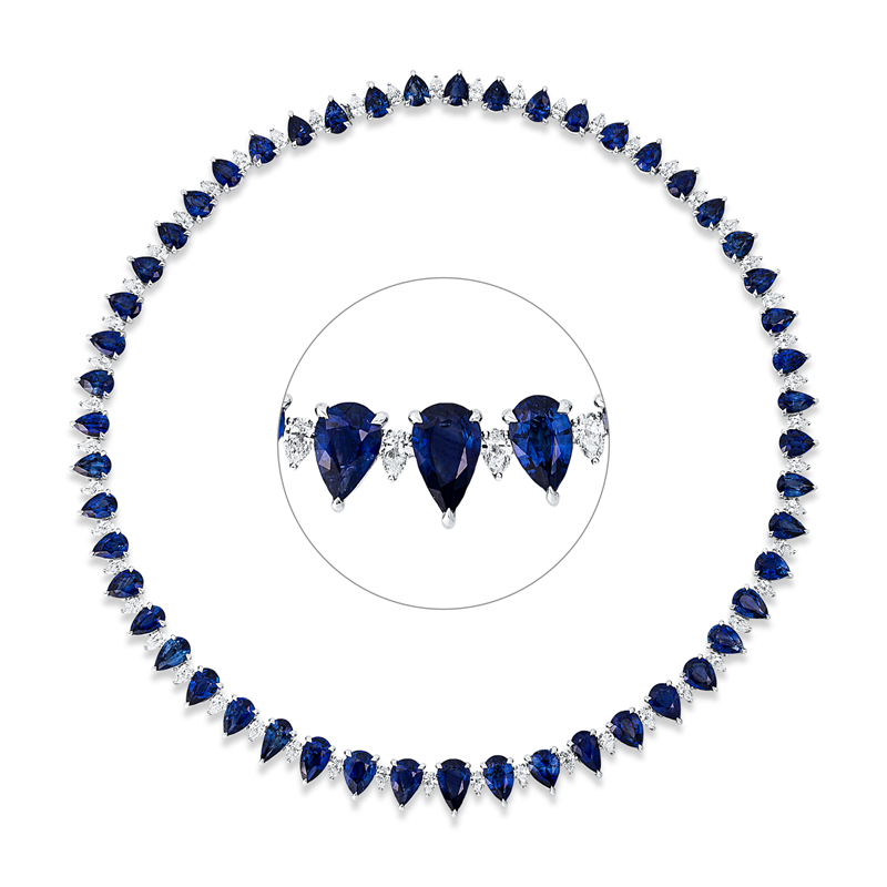 Collier 18 kt WG, 30 Tropfen 4,67 ct, TW-vsi, 21 Tropfen 3,34 ct, TW-vsi, 51 Saphire 59,63 ct blau