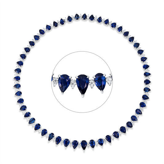 Collier 18 kt WG, 30 Tropfen 4,67 ct, TW-vsi, 21 Tropfen 3,34 ct, TW-vsi, 51 Saphire 59,63 ct blau