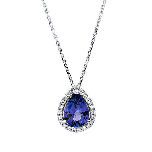 Collier 18 kt WG, mit ZÖ 40 cm + 43 cm, 23 Brill. 0,15 ct, TW-si, 1 Tansanit 1,36 ct blau