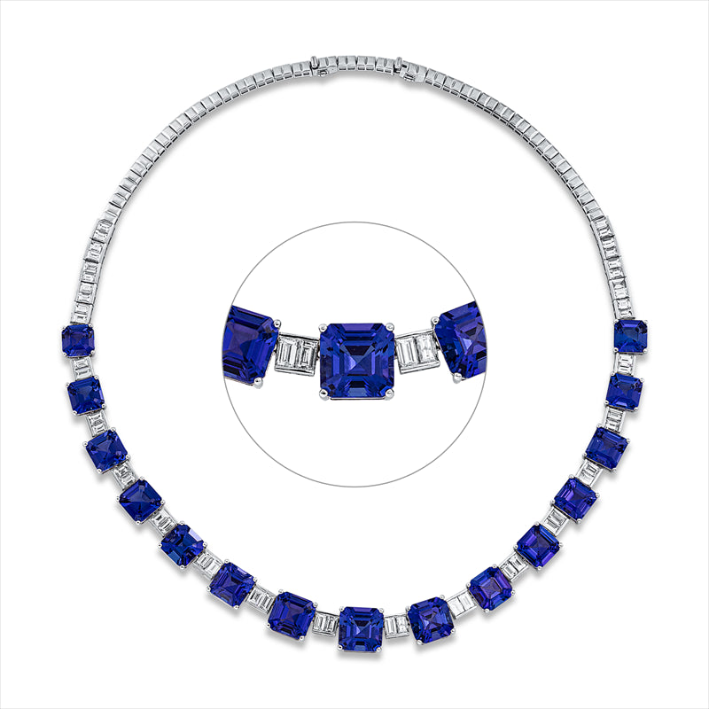 Collier 18 kt WG, 48 Bag. 8,82 ct, TW-si, 15 Tansanit 57,00 ct blau