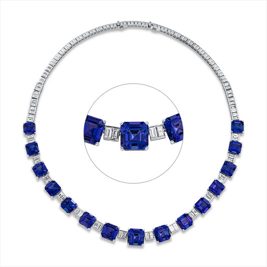 Collier 18 kt WG, 48 Bag. 8,82 ct, TW-si, 15 Tansanit 57,00 ct blau