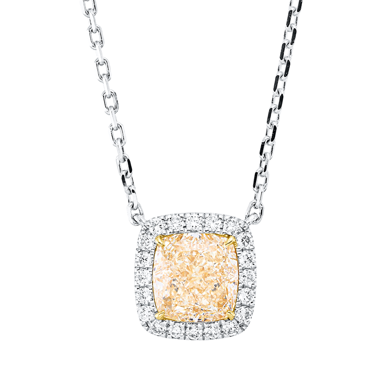 Collier 18 kt WG+GG, mit ZÖ 40,6 cm, 20 Brill. 0,19 ct, TW-si, 1 Cushion 2,02 ct, gelb